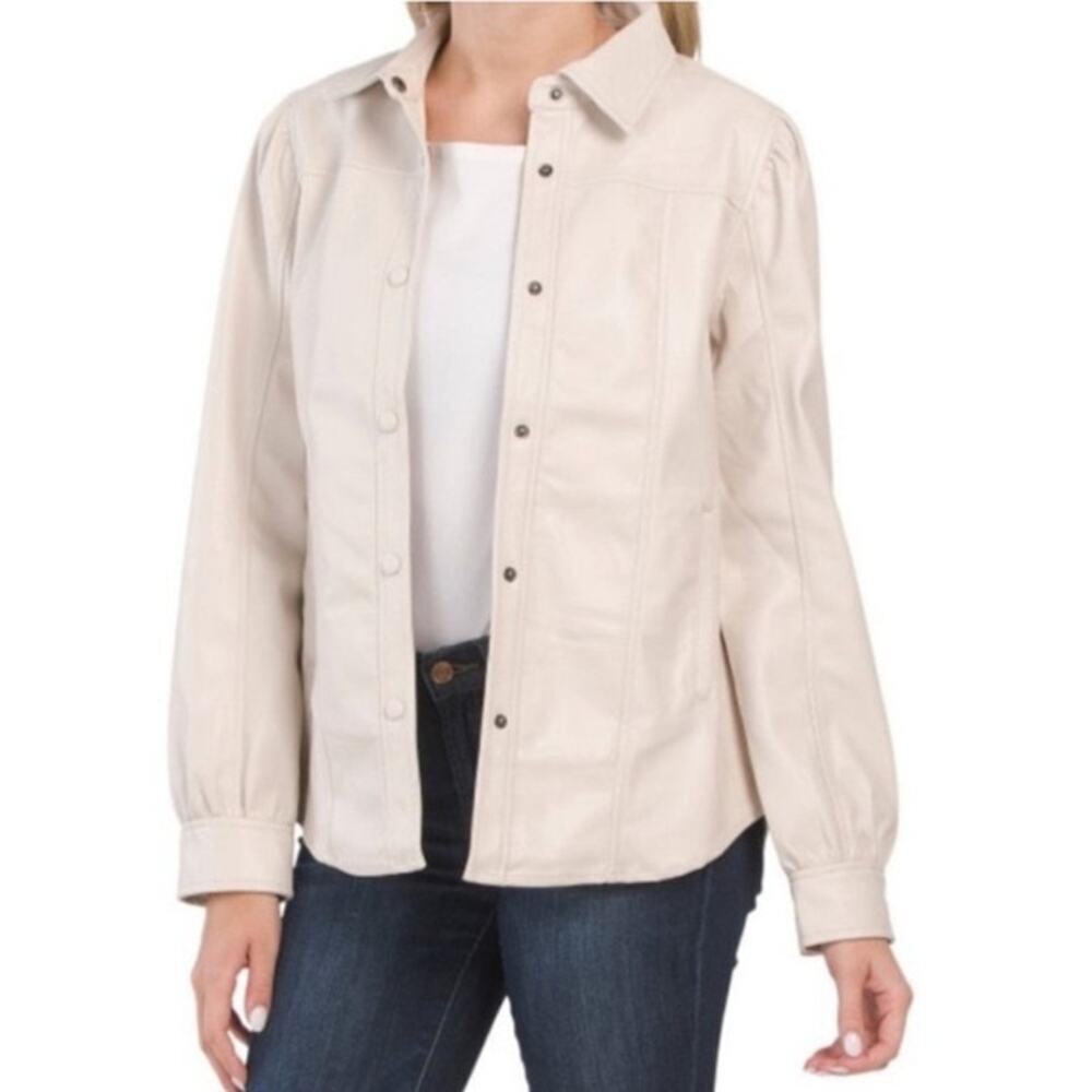 BLANKNYC Faux Leather Puff Sleeve Jacket Women's XS Off White Button Front